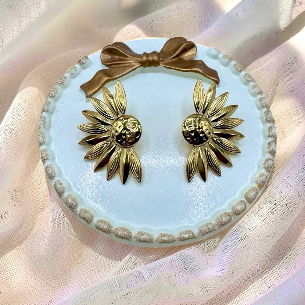 Stainless Steel Gold Plated Sunflower Statement Stud Earrings